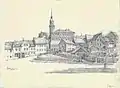 Stadtkirche Radeberg und Alte Schule 1931. Bleistift-Zeichnung