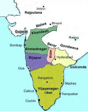 Die Dekkan-Sultanate Ahmednagar, Bidar, Bijapur und Golkonda sowie das hinduistische Reich von Vijayanagar im frühen 16. Jahrhundert