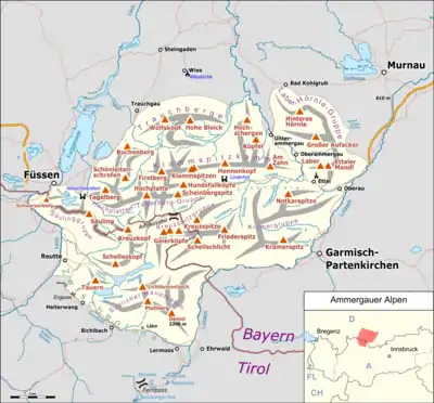 Lage der Ammergauer Alpen innerhalb der Ostalpen