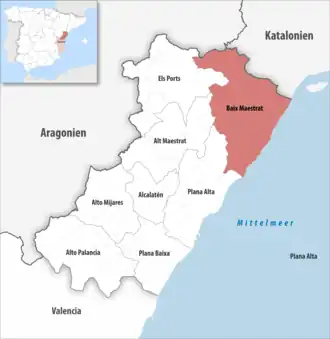 Die Lage der Comarca Baix Maestrat in der Provinz Castellón
