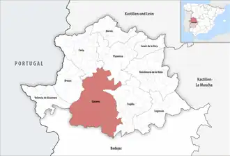 Die Lage der Comarca Cáceres in der Provinz Cáceres