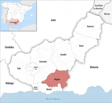 Die Lage des Gerichtsbezirk Órgiva in der Provinz Granada