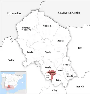Die Lage des Gerichtsbezirk Aguilar de la Frontera in der Provinz Córdoba