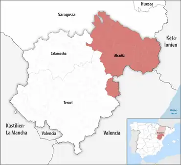 Die Lage des Gerichtsbezirk Alcañiz in der Provinz Teruel