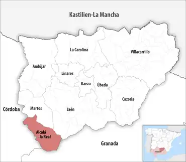 Die Lage des Gerichtsbezirk Alcalá la Real in der Provinz Jaén