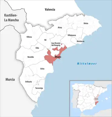 Die Lage des Gerichtsbezirk Alicante in der Provinz Alicante