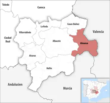 Die Lage des Gerichtsbezirk Almansa in der Provinz Albacete