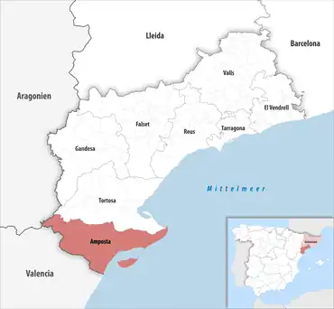 Die Lage des Gerichtsbezirk Amposta in der Provinz Tarragona