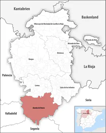Die Lage des Gerichtsbezirk Aranda de Duero in der Provinz Burgos