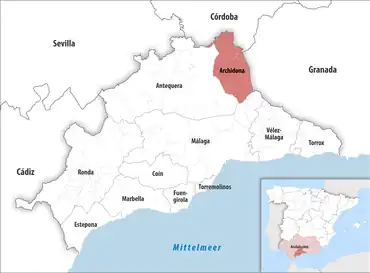 Die Lage des Gerichtsbezirk Archidona in der Provinz Málaga