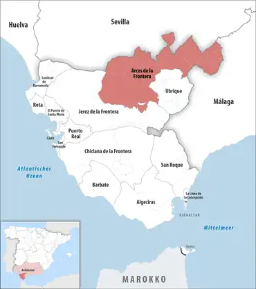 Die Lage des Gerichtsbezirk Arcos de la Frontera in der Provinz Cádiz