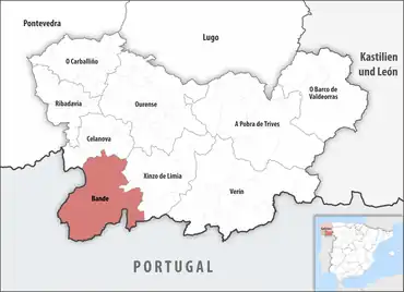 Die Lage des Gerichtsbezirk Bande in der Provinz Ourense