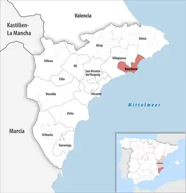 Die Lage des Gerichtsbezirk Benidorm in der Provinz Alicante