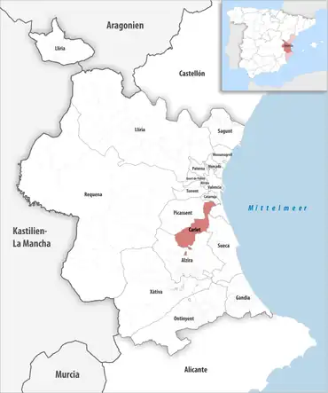 Die Lage des Gerichtsbezirk Carlet in der Provinz Valencia