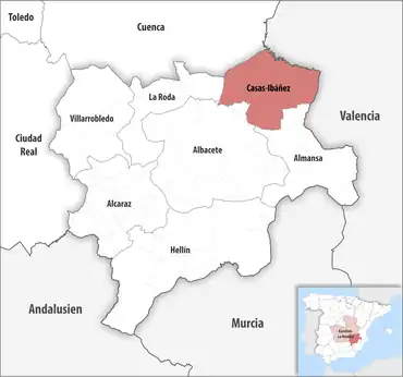 Die Lage des Gerichtsbezirk Casas-Ibáñez in der Provinz Albacete
