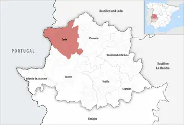 Die Lage des Gerichtsbezirk Coria in der Provinz Cáceres