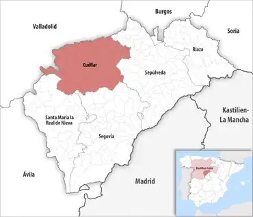 Die Lage des Gerichtsbezirk Cuéllar in der Provinz Segovia