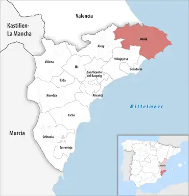 Die Lage des Gerichtsbezirk Dénia in der Provinz Alicante