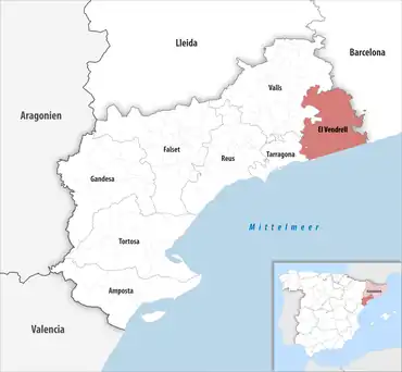 Die Lage des Gerichtsbezirk El Vendrell in der Provinz Tarragona
