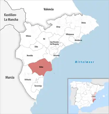 Die Lage des Gerichtsbezirk Elche in der Provinz Alicante