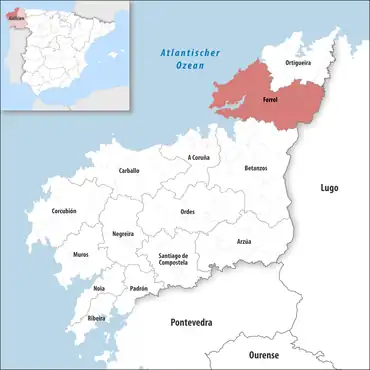 Die Lage des Gerichtsbezirk Ferrol in der Provinz A Coruña
