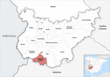 Die Lage des Gerichtsbezirk Fregenal de la Sierra in der Provinz Badajoz