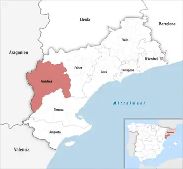 Die Lage des Gerichtsbezirk Gandesa in der Provinz Tarragona
