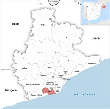 Die Lage des Gerichtsbezirk Gavà in der Provinz Barcelona