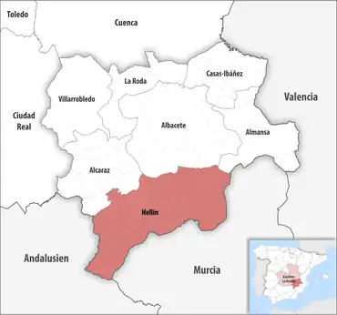 Die Lage des Gerichtsbezirk Hellín in der Provinz Albacete