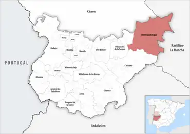 Die Lage des Gerichtsbezirk Herrera del Duque in der Provinz Badajoz