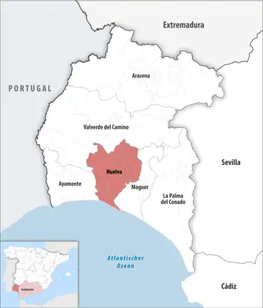 Die Lage des Gerichtsbezirk Huelva in der Provinz Huelva