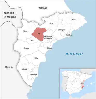 Die Lage des Gerichtsbezirk Ibi in der Provinz Alicante