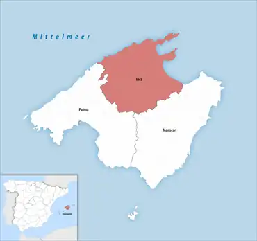 Die Lage des Gerichtsbezirk Inca auf der Insel Mallorca