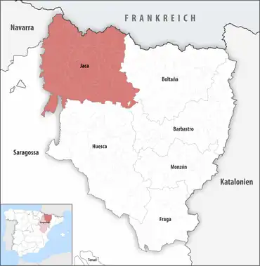 Die Lage des Gerichtsbezirk Jaca in der Provinz Huesca