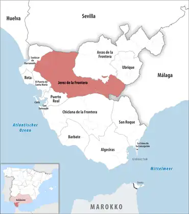 Die Lage des Gerichtsbezirk Jerez de la Frontera in der Provinz Cádiz
