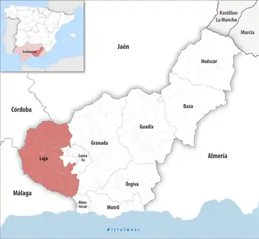 Die Lage des Gerichtsbezirk Loja in der Provinz Granada