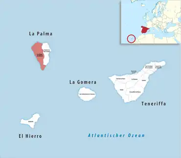 Die Lage des Gerichtsbezirk Los Llanos de Aridane in der Provinz Santa Cruz de Tenerife