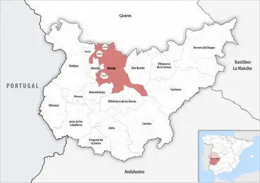 Die Lage des Gerichtsbezirk Mérida in der Provinz Badajoz