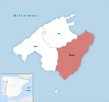 Die Lage des Gerichtsbezirk Manacor auf der Insel Mallorca