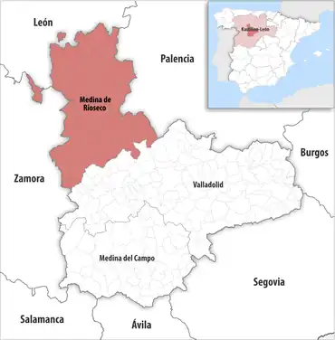 Die Lage des Gerichtsbezirk Medina de Rioseco in der Provinz Valladolid