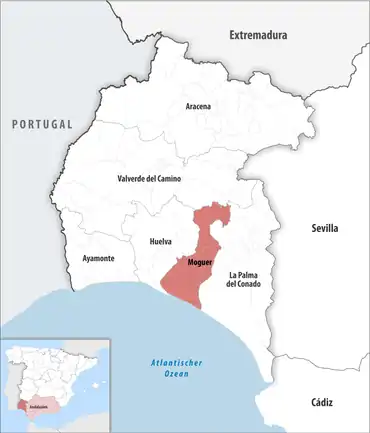 Die Lage des Gerichtsbezirk Moguer in der Provinz Huelva