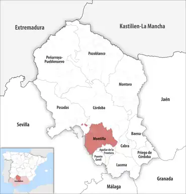 Die Lage des Gerichtsbezirk Montilla in der Provinz Córdoba