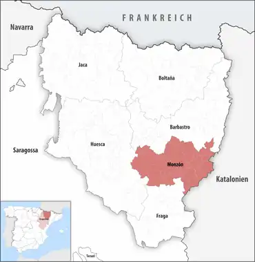 Die Lage des Gerichtsbezirk Monzón in der Provinz Huesca