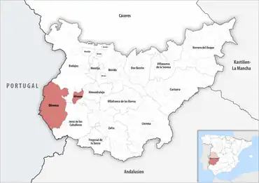 Die Lage des Gerichtsbezirk Olivenza in der Provinz Badajoz