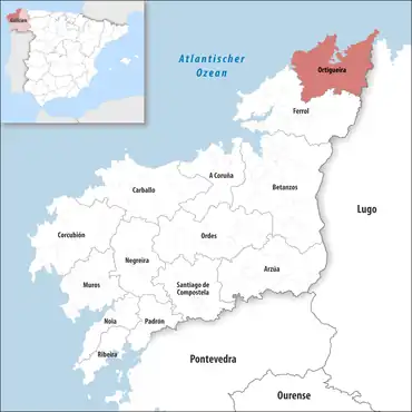 Die Lage des Gerichtsbezirk Ortigueira in der Provinz A Coruña