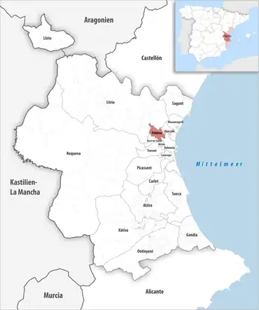 Die Lage des Gerichtsbezirk Paterna in der Provinz Valencia