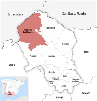 Die Lage des Gerichtsbezirk Peñarroya-Pueblonuevo in der Provinz Córdoba