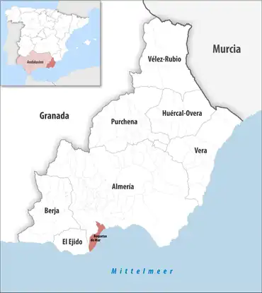 Die Lage des Gerichtsbezirk Roquetas de Mar in der Provinz Almería