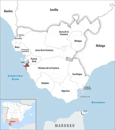 Die Lage des Gerichtsbezirk San Fernando in der Provinz Cádiz