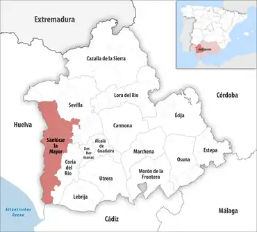 Die Lage des Gerichtsbezirk Sanlúcar la Mayor in der Provinz Sevilla